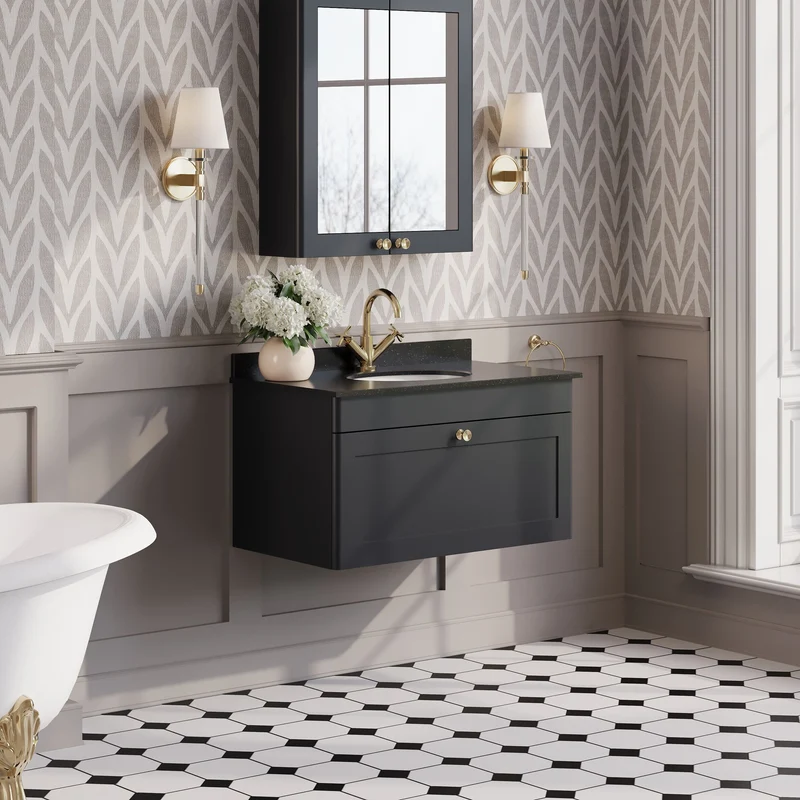 Classique 800mm Wall Hung Vanity Unit With 1 Drawer With Black Marble Worktop With Round Basin - Satin Soft Black