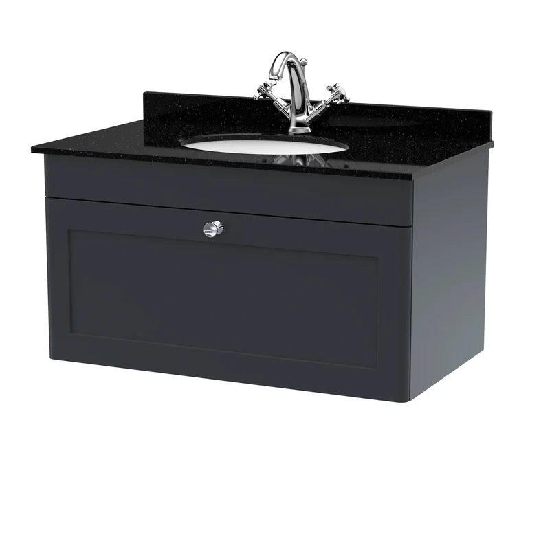 Classique 800mm Wall Hung Vanity Unit With 1 Drawer With Black Marble Worktop With Round Basin - Satin Soft Black