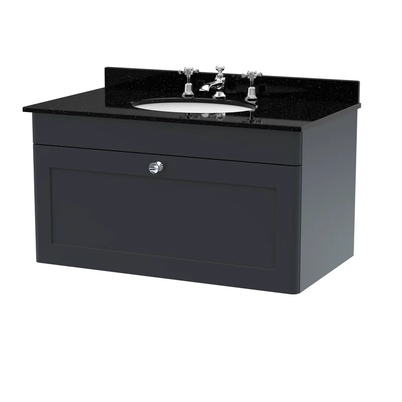 Classique 800mm Wall Hung Vanity Unit With 1 Drawer With Black Marble Worktop With Round Basin - Satin Soft Black