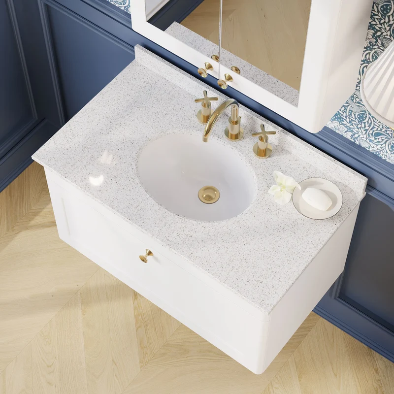 Classique 800mm Wall Hung Vanity Unit With 1 Drawer With White Marble Worktop With Round Basin - Satin White