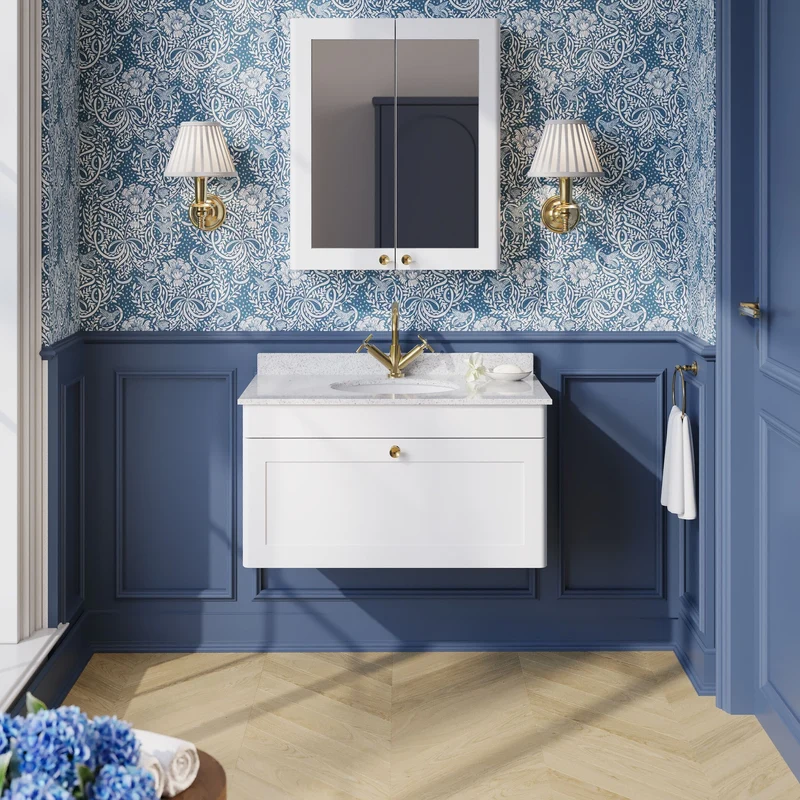 Classique 800mm Wall Hung Vanity Unit With 1 Drawer With White Marble Worktop With Round Basin - Satin White