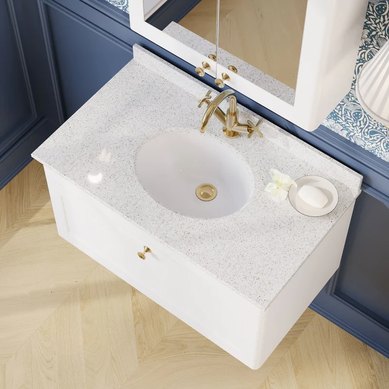 Classique 800mm Wall Hung Vanity Unit With 1 Drawer With White Marble Worktop With Round Basin - Satin White