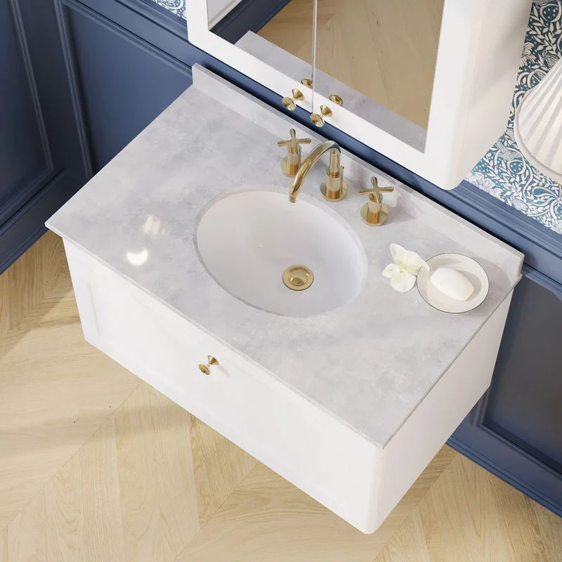 Classique 800mm Wall Hung Vanity Unit With 1 Drawer With Grey Marble Worktop With Round Basin - Satin White