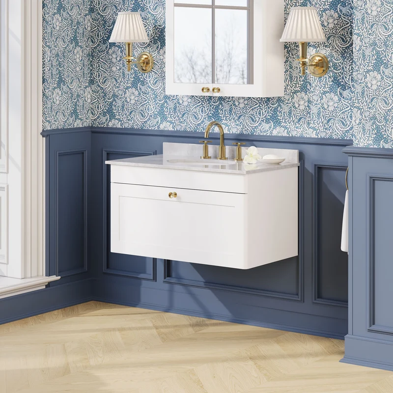 Classique 800mm Wall Hung Vanity Unit With 1 Drawer With Grey Marble Worktop With Round Basin - Satin White
