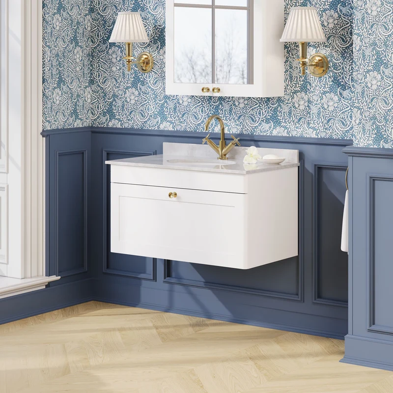 Classique 800mm Wall Hung Vanity Unit With 1 Drawer With Grey Marble Worktop With Round Basin - Satin White