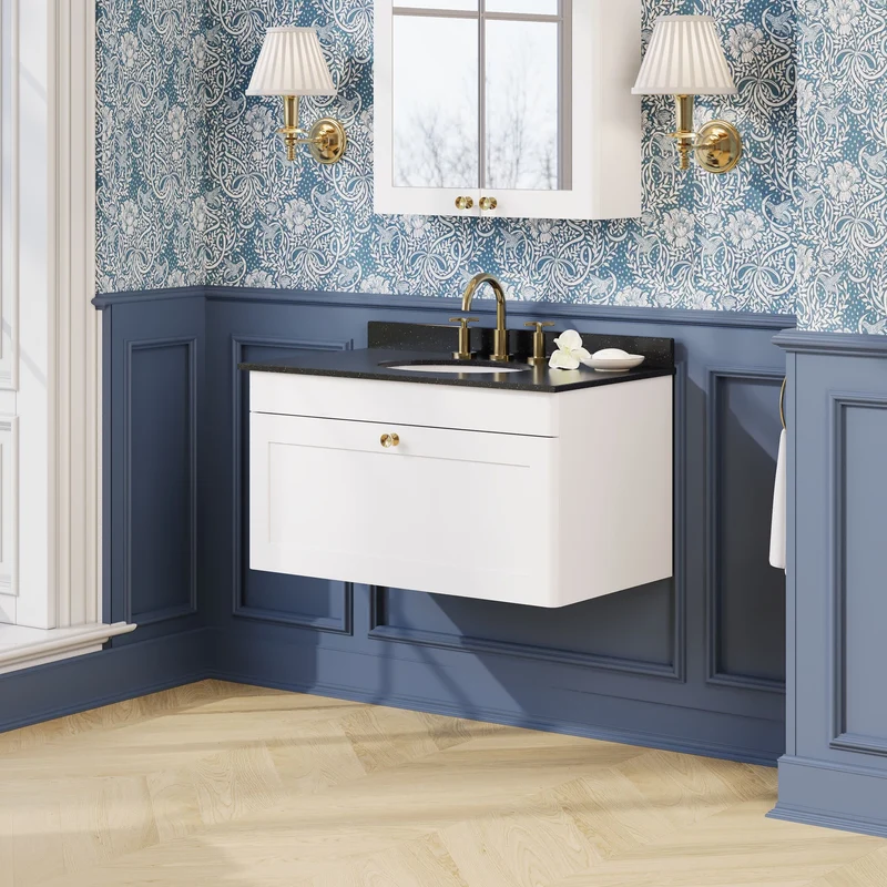 Classique 800mm Wall Hung Vanity Unit With 1 Drawer With Black Marble Worktop With Round Basin - Satin White