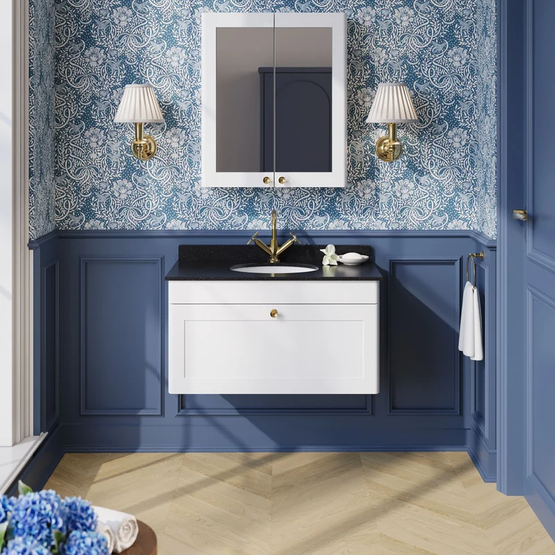 Classique 800mm Wall Hung Vanity Unit With 1 Drawer With Black Marble Worktop With Round Basin - Satin White