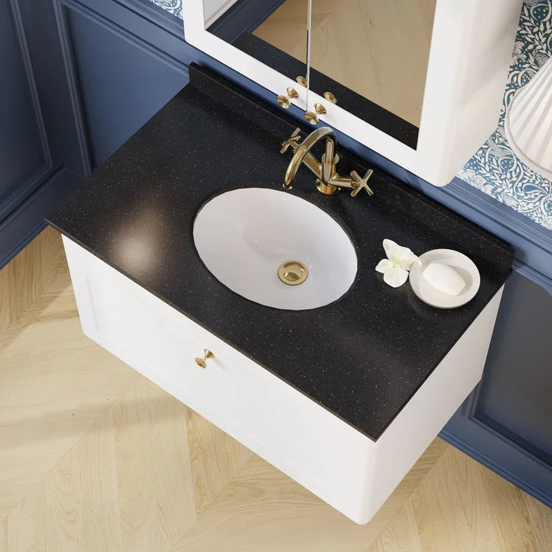 Classique 800mm Wall Hung Vanity Unit With 1 Drawer With Black Marble Worktop With Round Basin - Satin White