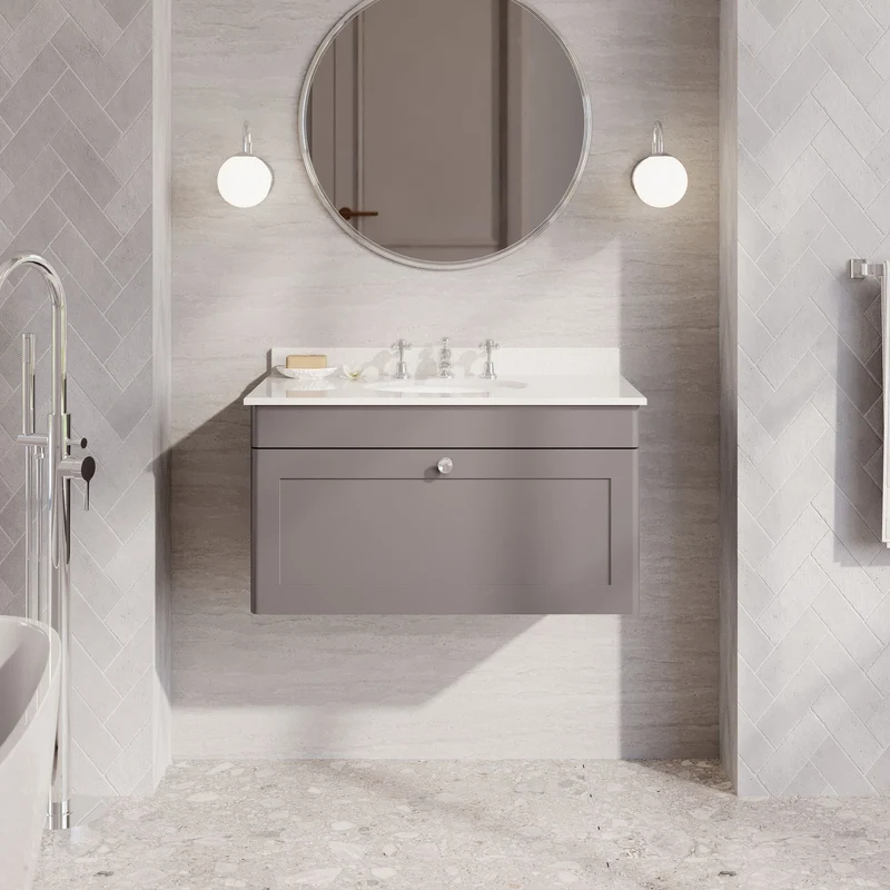 Classique 800mm Wall Hung Vanity Unit With 1 Drawer With White Marble Worktop With Round Basin - Satin Grey
