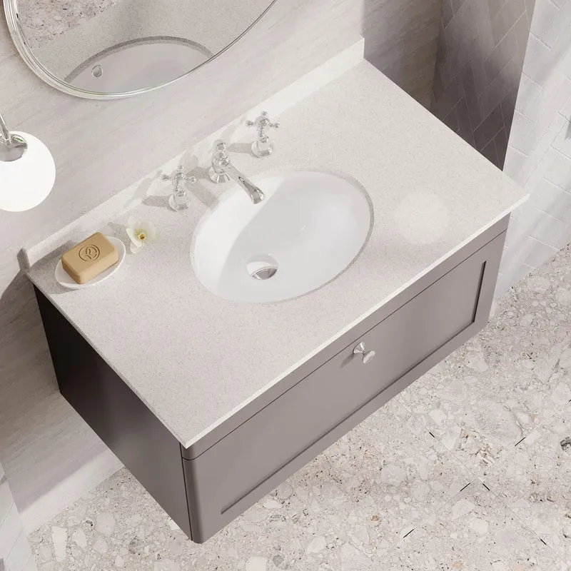 Classique 800mm Wall Hung Vanity Unit With 1 Drawer With White Marble Worktop With Round Basin - Satin Grey