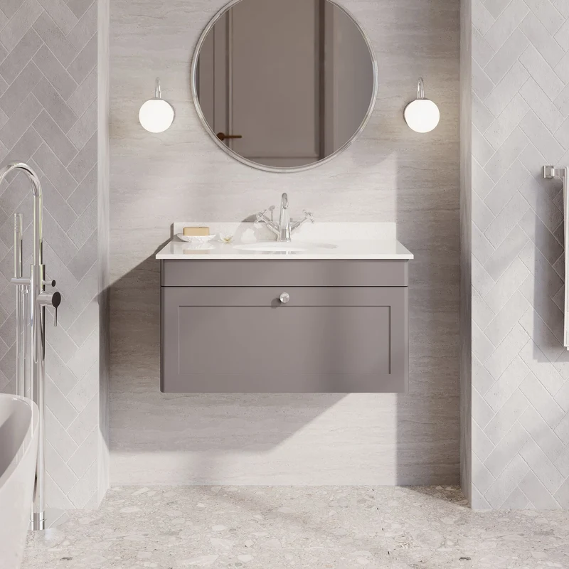 Classique 800mm Wall Hung Vanity Unit With 1 Drawer With White Marble Worktop With Round Basin - Satin Grey