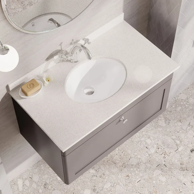 Classique 800mm Wall Hung Vanity Unit With 1 Drawer With White Marble Worktop With Round Basin - Satin Grey
