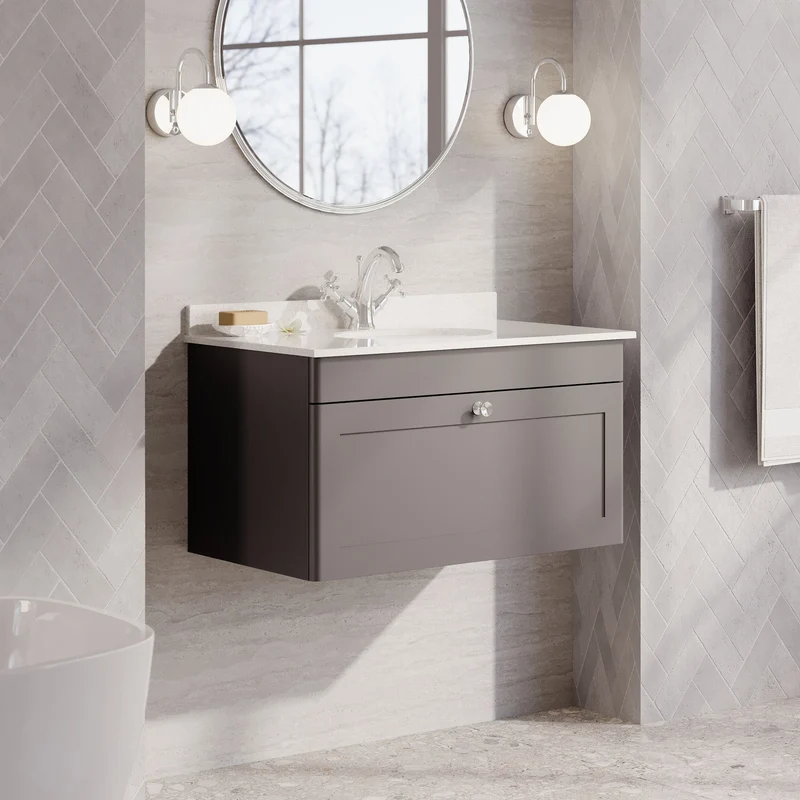 Classique 800mm Wall Hung Vanity Unit With 1 Drawer With White Marble Worktop With Round Basin - Satin Grey