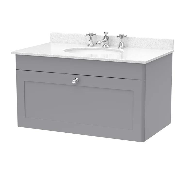 Classique 800mm Wall Hung Vanity Unit With 1 Drawer With White Marble Worktop With Round Basin - Satin Grey