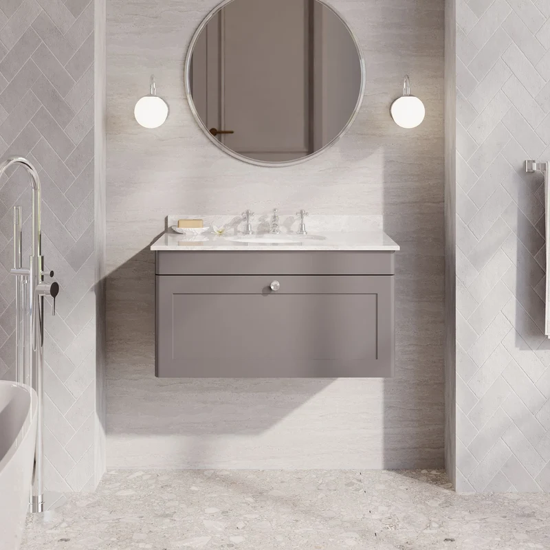 Classique 800mm Wall Hung Vanity Unit With 1 Drawer With Grey Marble Worktop With Round Basin - Satin Grey