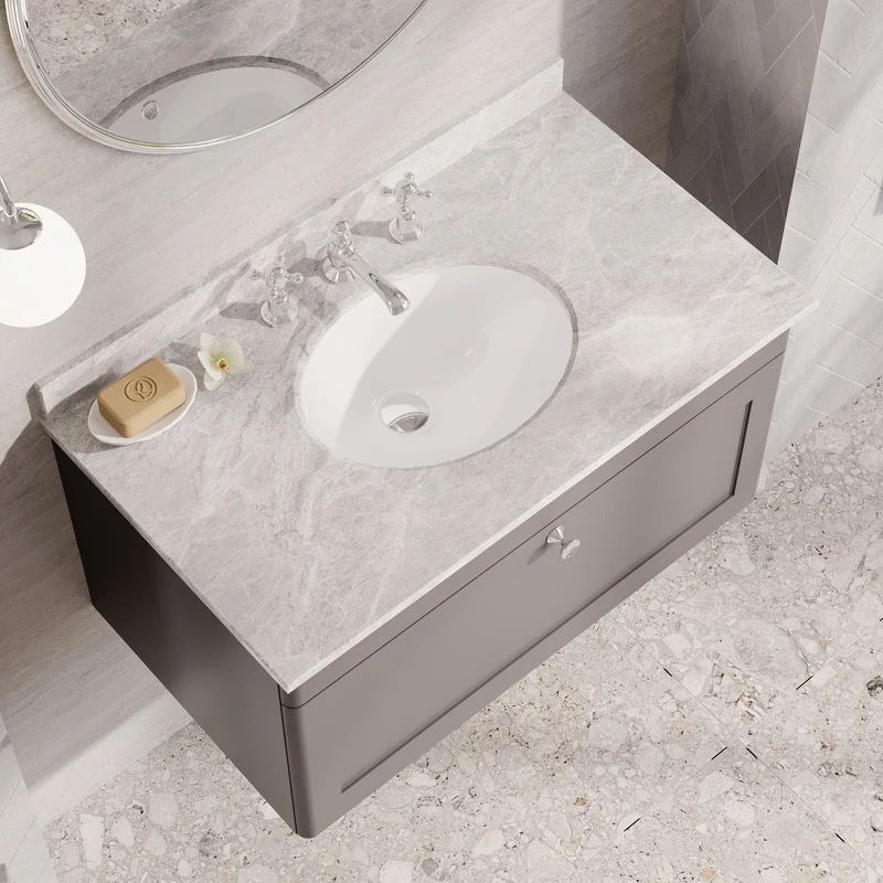 Classique 800mm Wall Hung Vanity Unit With 1 Drawer With Grey Marble Worktop With Round Basin - Satin Grey