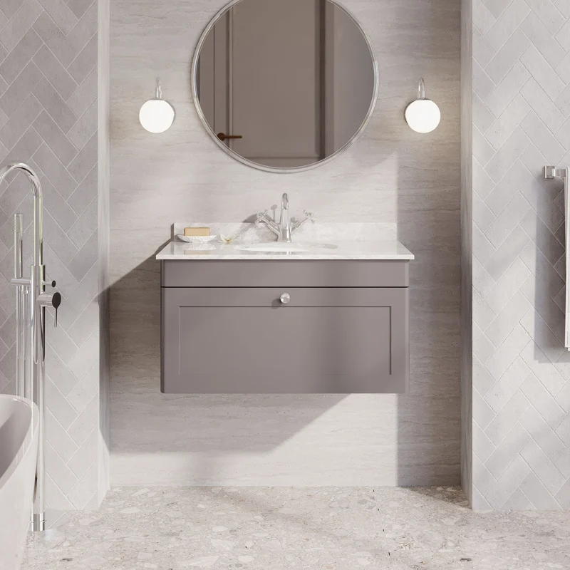 Classique 800mm Wall Hung Vanity Unit With 1 Drawer With Grey Marble Worktop With Round Basin - Satin Grey