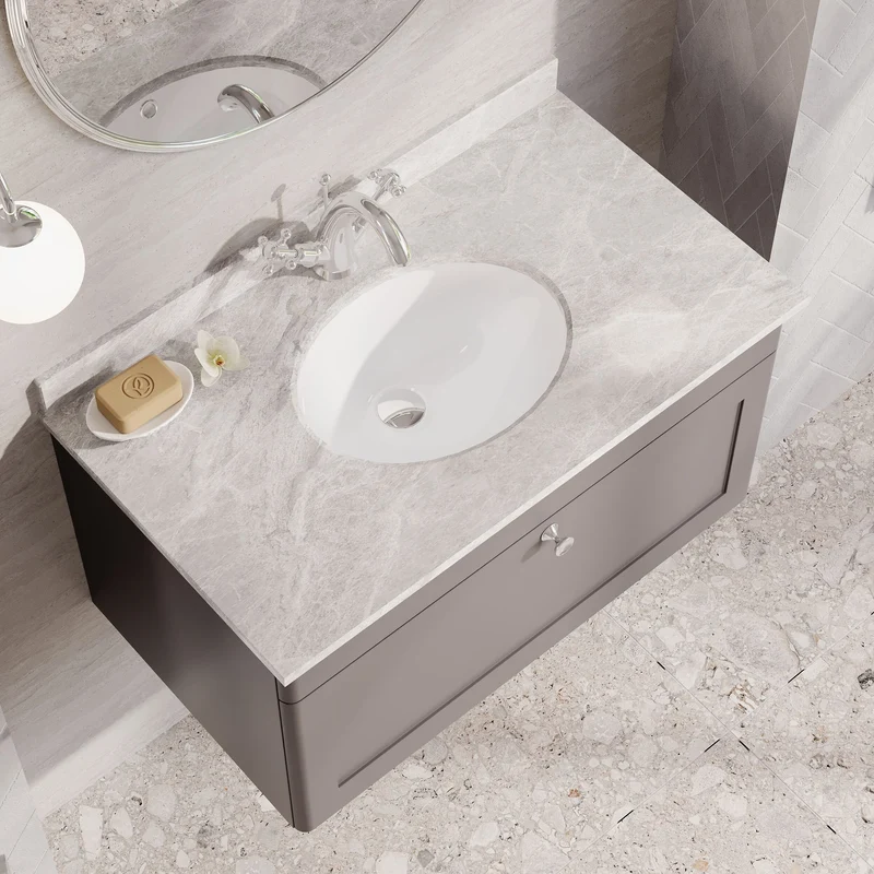 Classique 800mm Wall Hung Vanity Unit With 1 Drawer With Grey Marble Worktop With Round Basin - Satin Grey