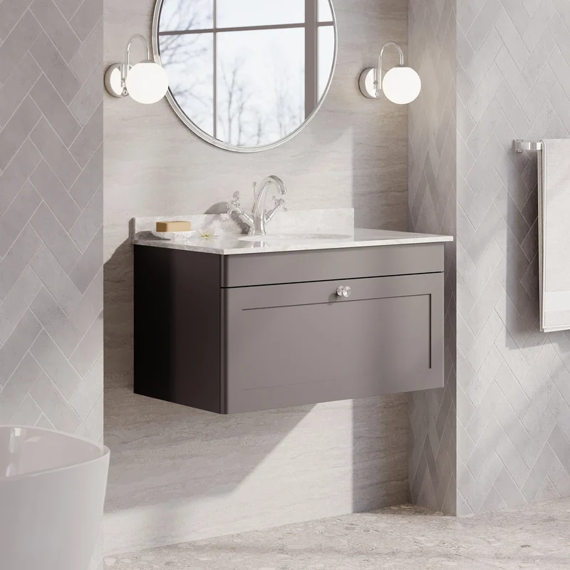 Classique 800mm Wall Hung Vanity Unit With 1 Drawer With Grey Marble Worktop With Round Basin - Satin Grey