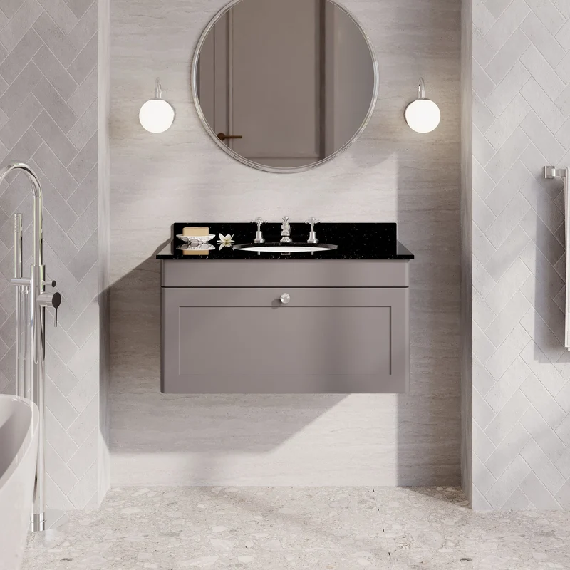 Classique 800mm Wall Hung Vanity Unit With 1 Drawer With Black Marble Worktop With Round Basin - Satin Grey
