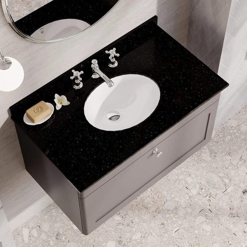 Classique 800mm Wall Hung Vanity Unit With 1 Drawer With Black Marble Worktop With Round Basin - Satin Grey