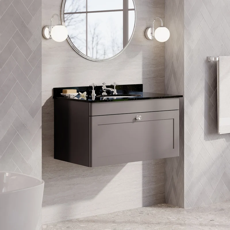 Classique 800mm Wall Hung Vanity Unit With 1 Drawer With Black Marble Worktop With Round Basin - Satin Grey