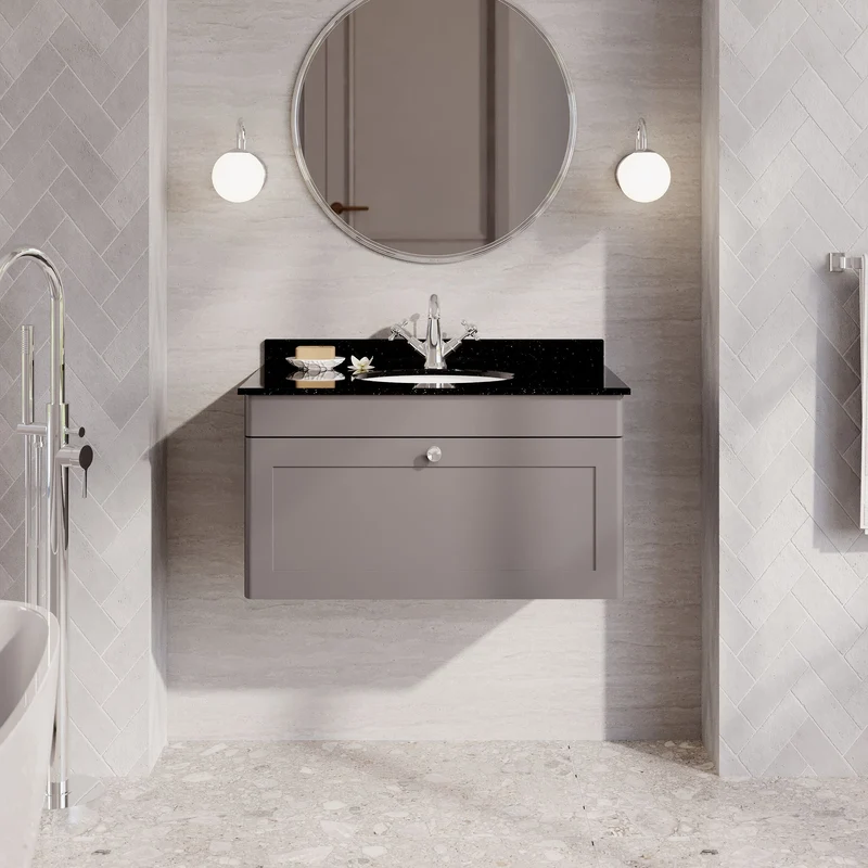 Classique 800mm Wall Hung Vanity Unit With 1 Drawer With Black Marble Worktop With Round Basin - Satin Grey