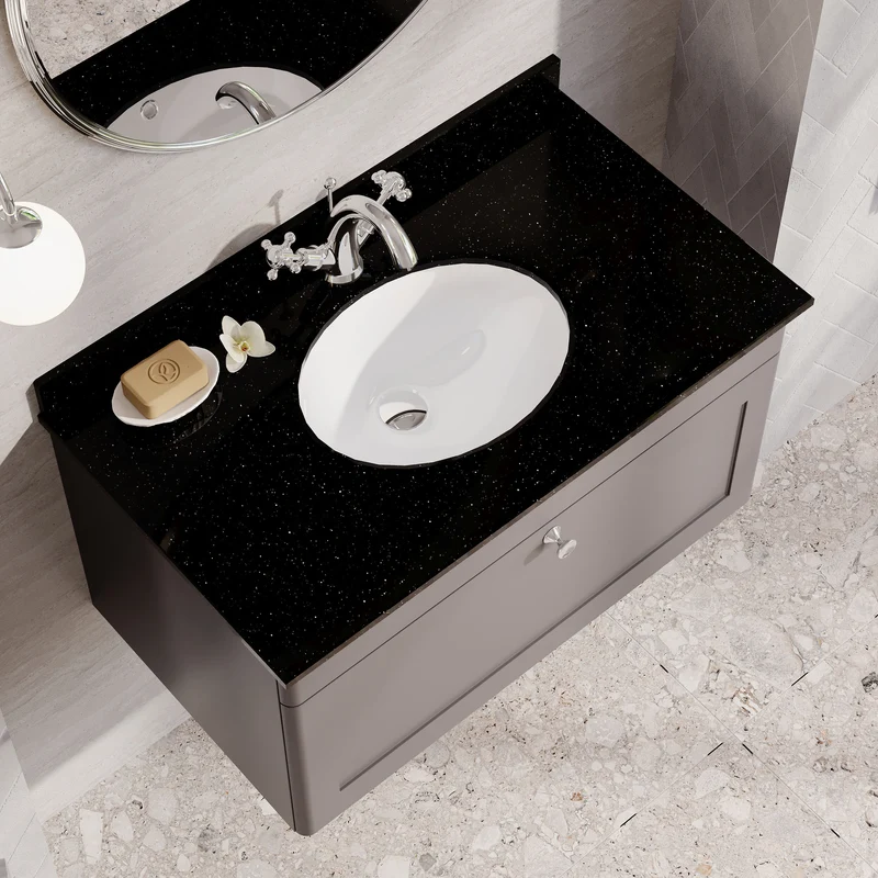 Classique 800mm Wall Hung Vanity Unit With 1 Drawer With Black Marble Worktop With Round Basin - Satin Grey