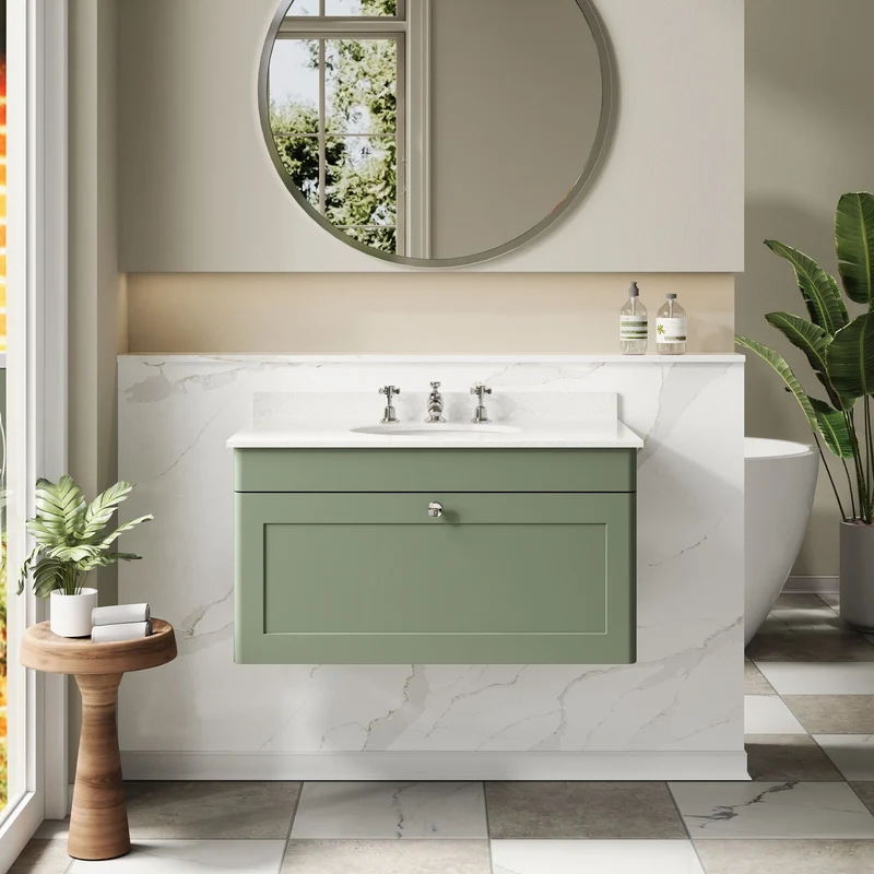 Classique 800mm Wall Hung Vanity Unit With 1 Drawer With White Marble Worktop With Round Basin - Satin Green