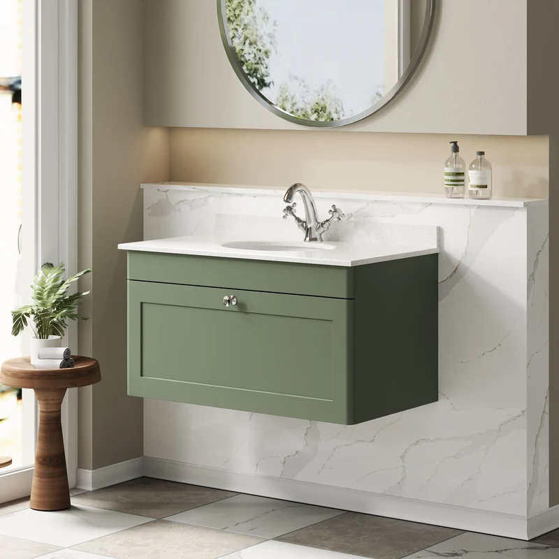 Classique 800mm Wall Hung Vanity Unit With 1 Drawer With White Marble Worktop With Round Basin - Satin Green