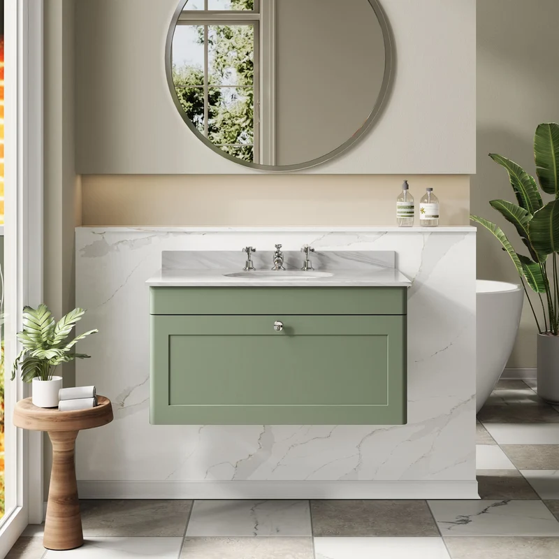 Classique 800mm Wall Hung Vanity Unit With 1 Drawer With Grey Marble Worktop With Round Basin - Satin Green