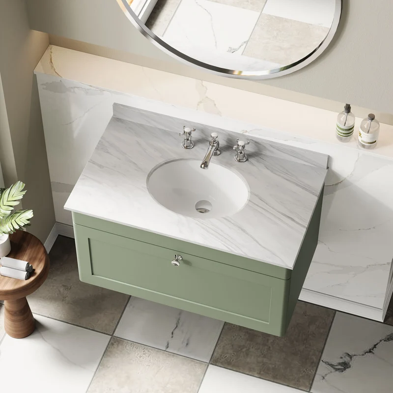 Classique 800mm Wall Hung Vanity Unit With 1 Drawer With Grey Marble Worktop With Round Basin - Satin Green