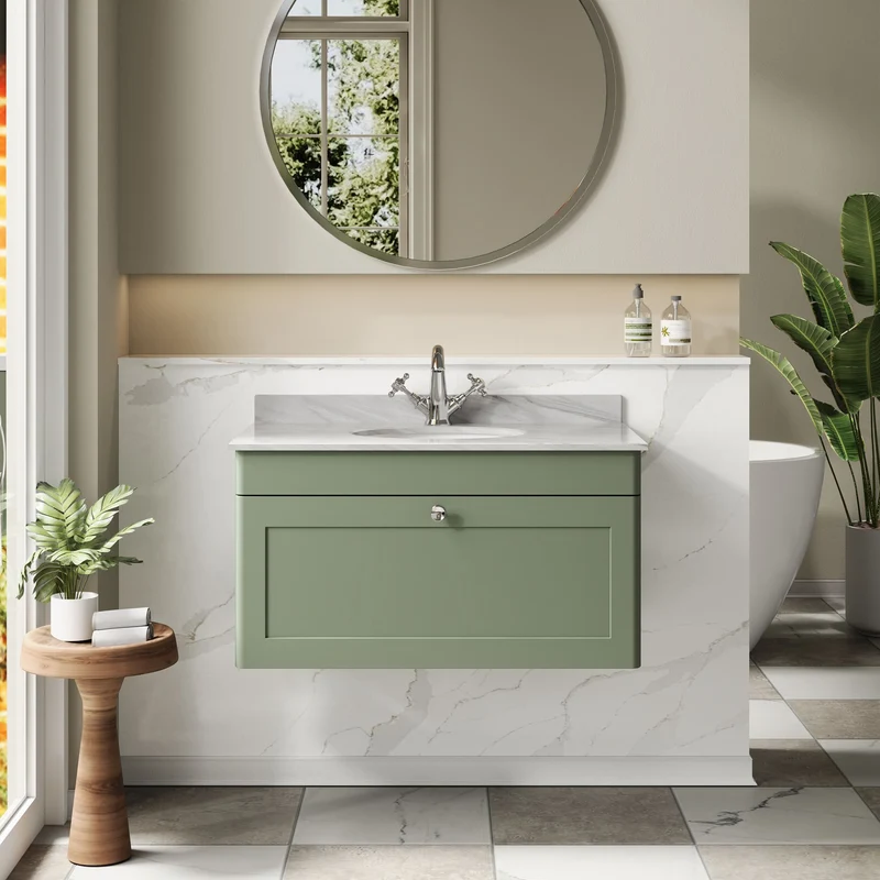 Classique 800mm Wall Hung Vanity Unit With 1 Drawer With Grey Marble Worktop With Round Basin - Satin Green