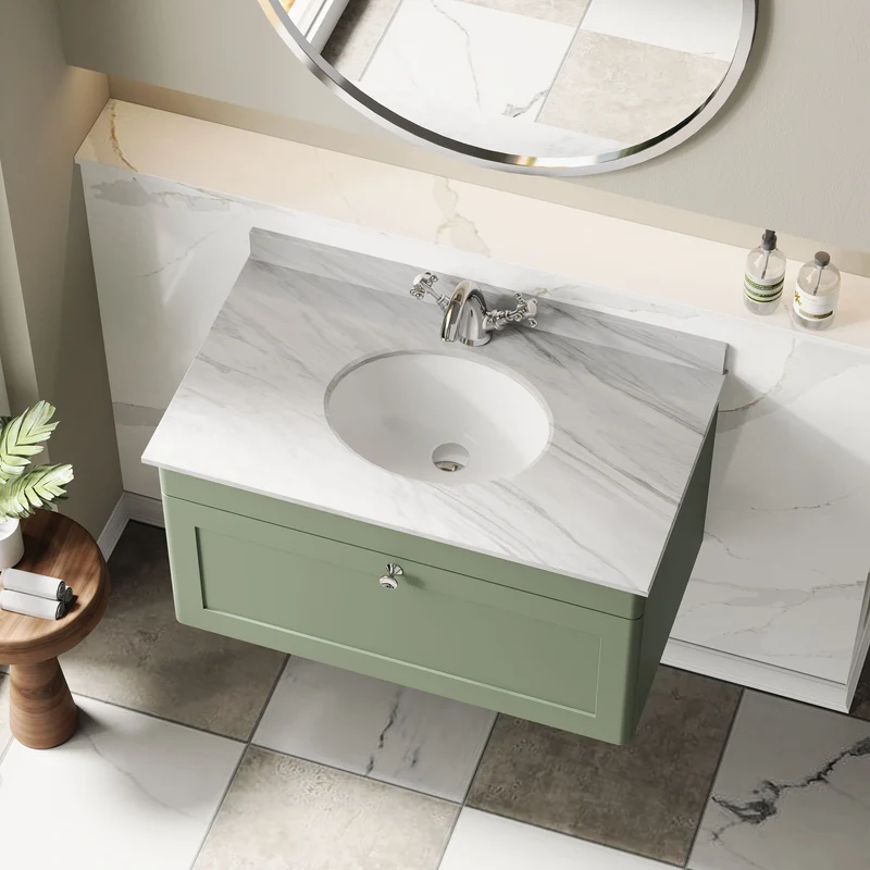 Classique 800mm Wall Hung Vanity Unit With 1 Drawer With Grey Marble Worktop With Round Basin - Satin Green
