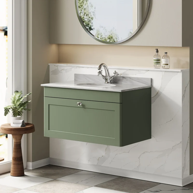 Classique 800mm Wall Hung Vanity Unit With 1 Drawer With Grey Marble Worktop With Round Basin - Satin Green