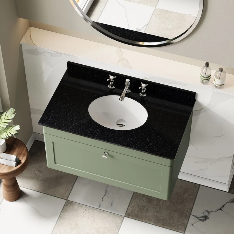 Classique 800mm Wall Hung Vanity Unit With 1 Drawer With Black Marble Worktop With Round Basin - Satin Green