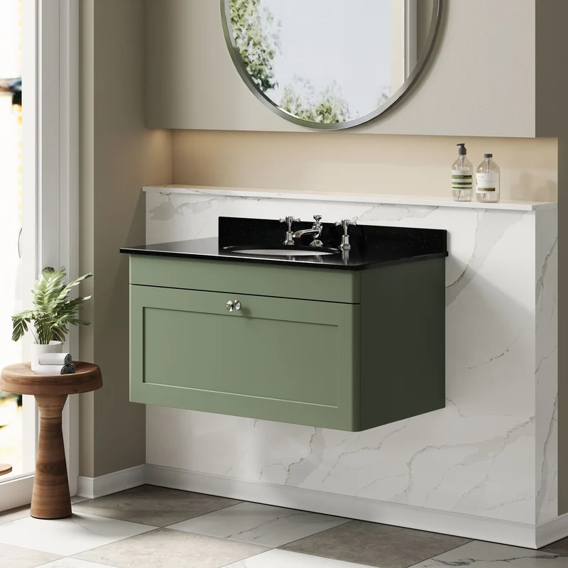 Classique 800mm Wall Hung Vanity Unit With 1 Drawer With Black Marble Worktop With Round Basin - Satin Green