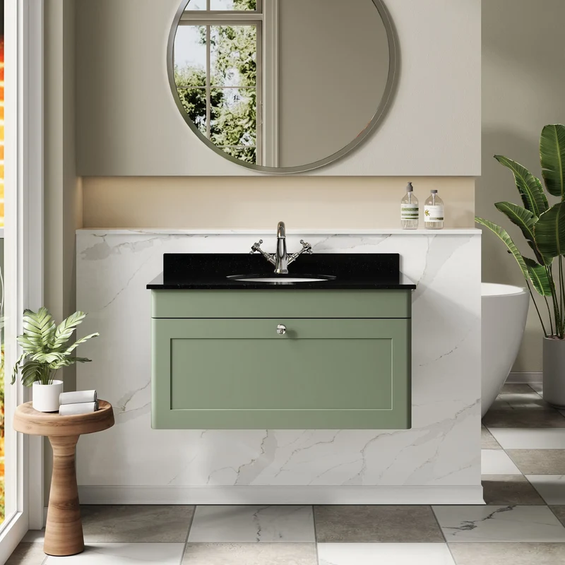 Classique 800mm Wall Hung Vanity Unit With 1 Drawer With Black Marble Worktop With Round Basin - Satin Green