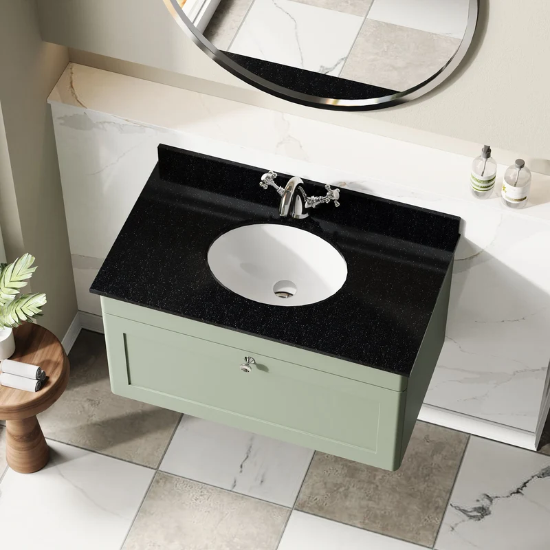 Classique 800mm Wall Hung Vanity Unit With 1 Drawer With Black Marble Worktop With Round Basin - Satin Green