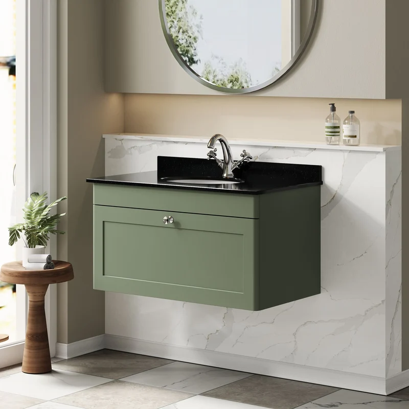 Classique 800mm Wall Hung Vanity Unit With 1 Drawer With Black Marble Worktop With Round Basin - Satin Green