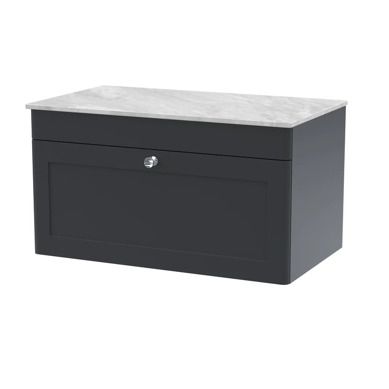 Classique 800mm Wall Hung Vanity Unit With 1 Drawer With Grey Marble Worktop - Satin Soft Black