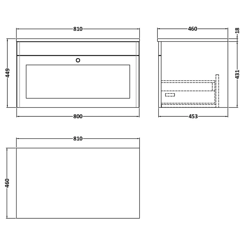 Classique 800mm Wall Hung Vanity Unit With 1 Drawer With Grey Marble Worktop - Satin Soft Black