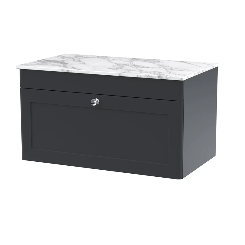 Classique 800mm Wall Hung Vanity Unit With 1 Drawer With Carrera Marble Worktop - Satin Soft Black