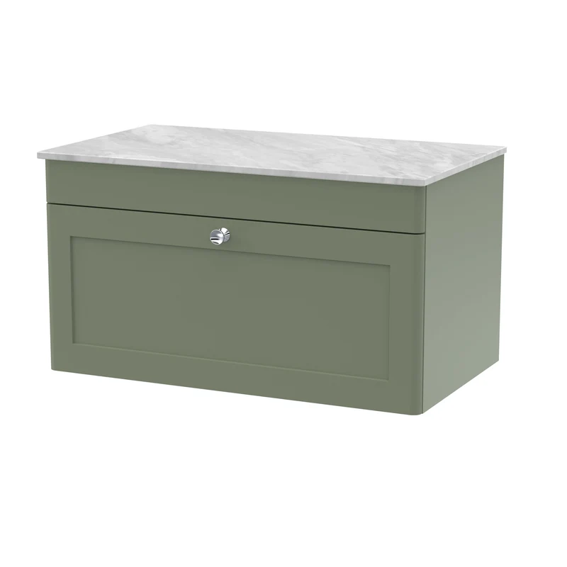 Classique 800mm Wall Hung Vanity Unit With 1 Drawer With Grey Marble Worktop - Satin Green