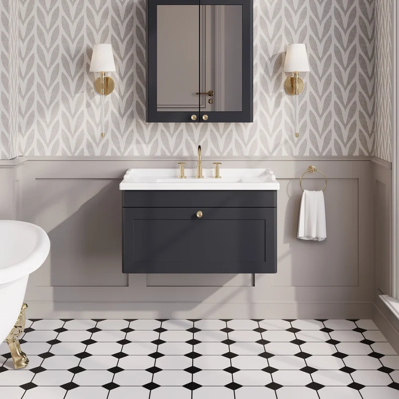 Classique 800mm Wall Hung Vanity Unit With 1 Drawer With Traditional Basin - Satin Soft Black