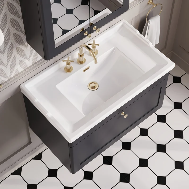 Classique 800mm Wall Hung Vanity Unit With 1 Drawer With Traditional Basin - Satin Soft Black