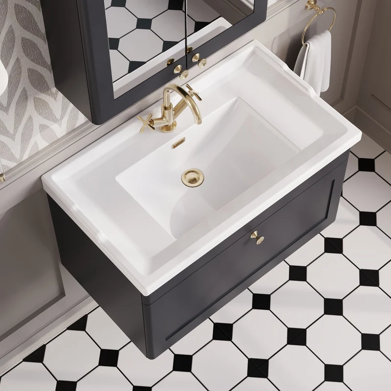 Classique 800mm Wall Hung Vanity Unit With 1 Drawer With Traditional Basin - Satin Soft Black