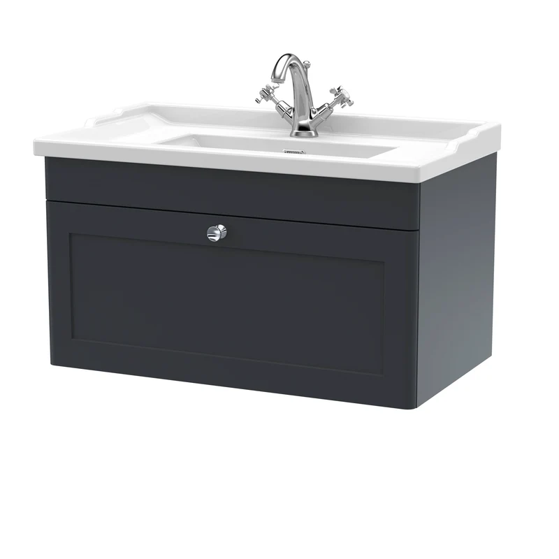Classique 800mm Wall Hung Vanity Unit With 1 Drawer With Traditional Basin - Satin Soft Black