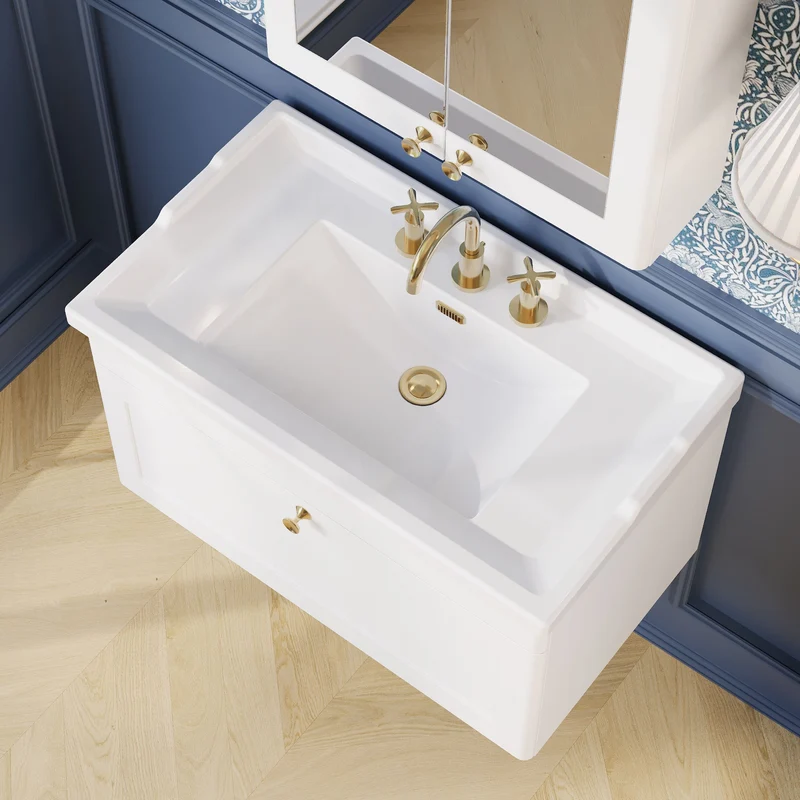 Classique 800mm Wall Hung Vanity Unit With 1 Drawer With Traditional Basin - Satin White