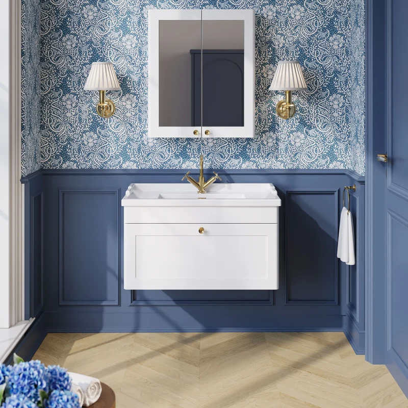 Classique 800mm Wall Hung Vanity Unit With 1 Drawer With Traditional Basin - Satin White